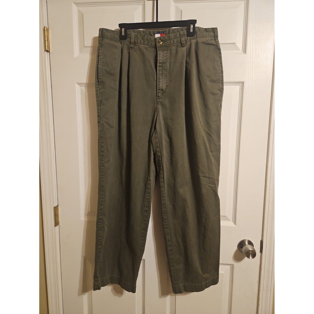 Vintage Tommy Hilfiger Pants Men 38x30 Chino Pleated Front Khaki Green Y2K